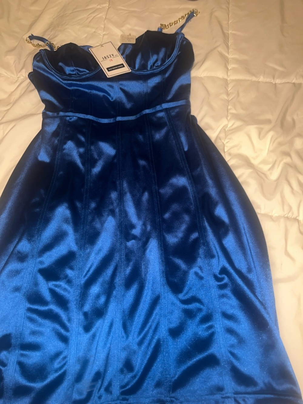 Satin Blue Chain-Strap Party Dress